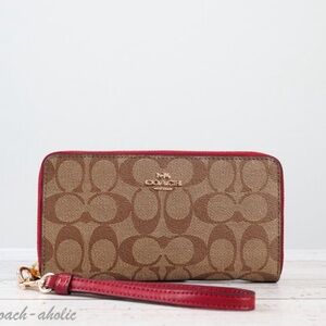 Coach Long Zip Around Wallet In Signature Canvas Khaki Cherry